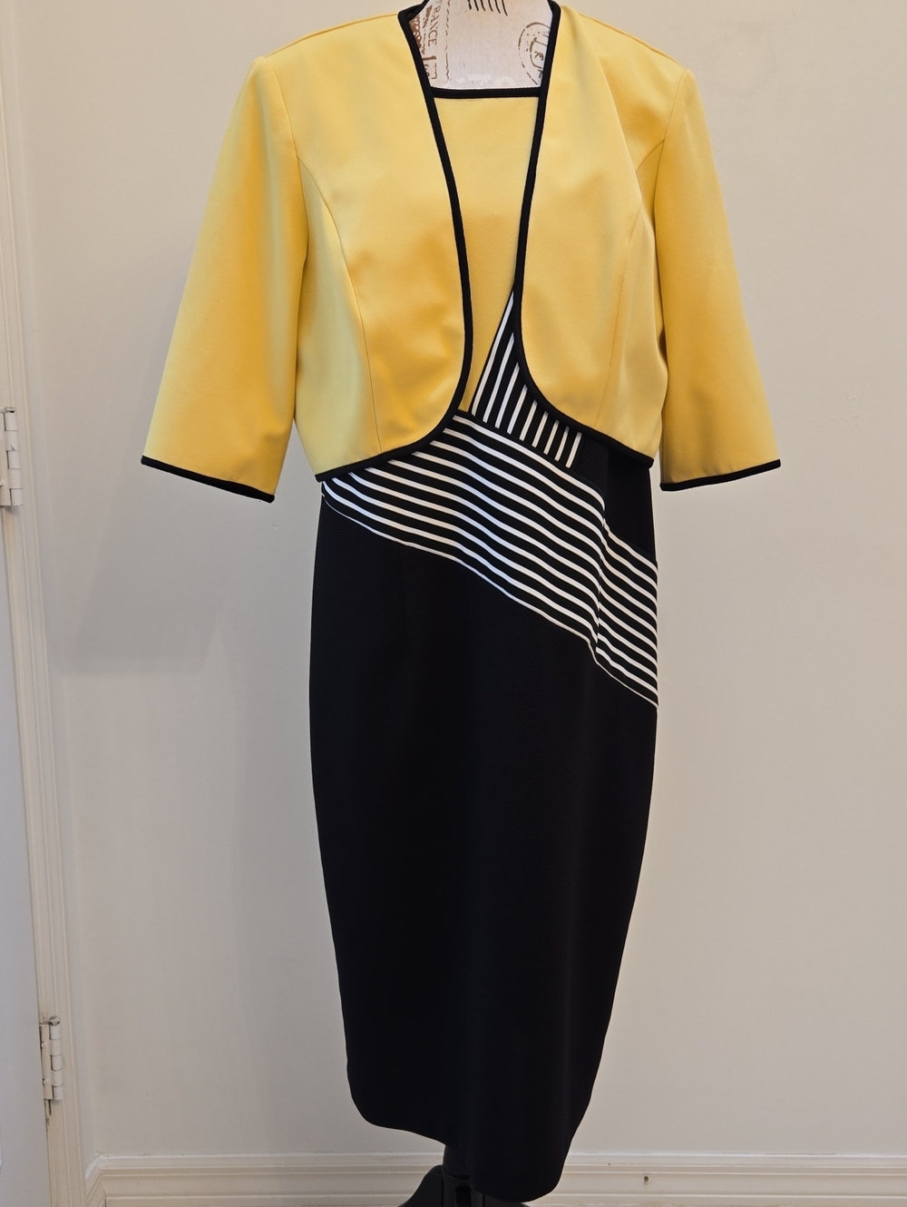 Maya Brooke Yellow and Black Striped Panel Sheath Dress with Bolero